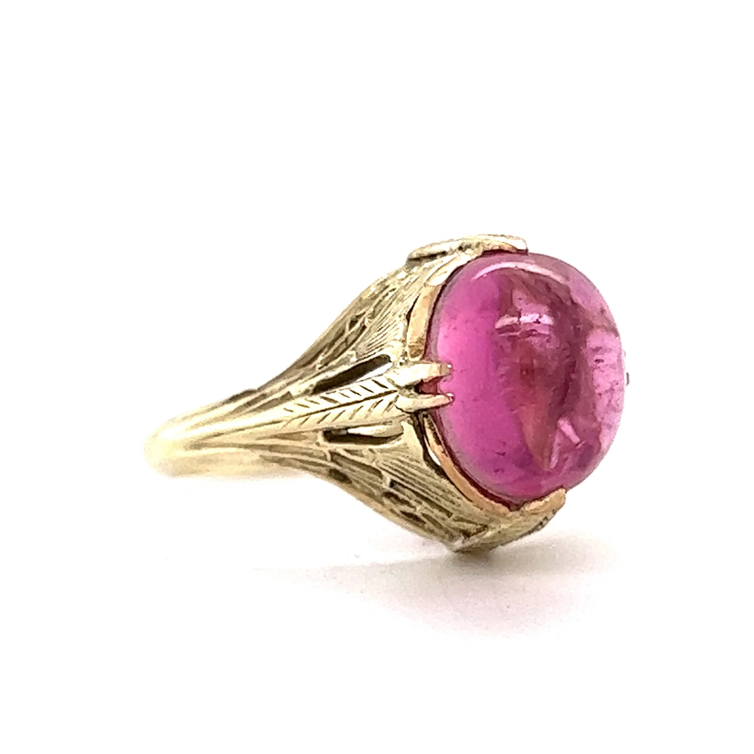Art Deco Cabochon Cut Pink Tourmaline Ring in 14k Yellow Gold - Image 3