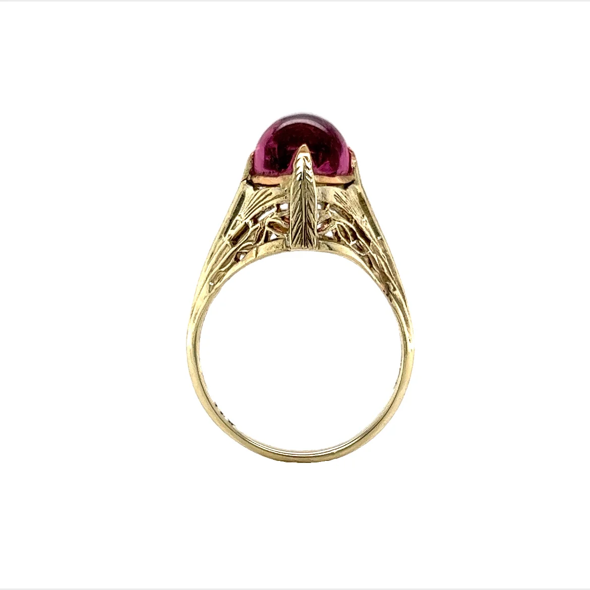 Art Deco Cabochon Cut Pink Tourmaline Ring in 14k Yellow Gold - Image 4