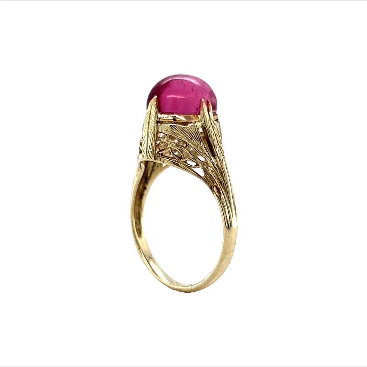 Art Deco Cabochon Cut Pink Tourmaline Ring in 14k Yellow Gold - Image 5