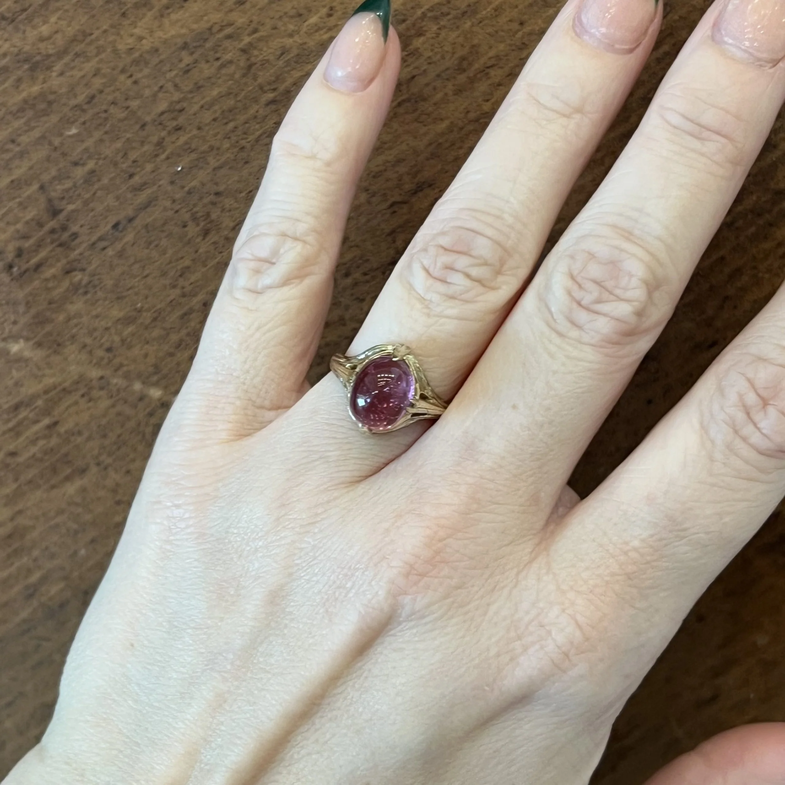 Art Deco Cabochon Cut Pink Tourmaline Ring in 14k Yellow Gold - Image 6