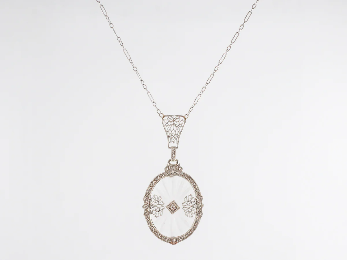 Art Deco Camphor Filigree Necklace w/ Single Cut Diamond - Image 2