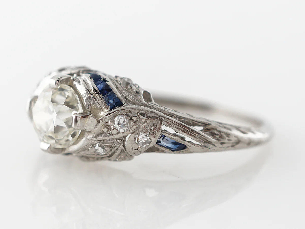 Art Deco Cushion Cut Diamond Engagement Ring w/ Sapphire Accents - Image 2