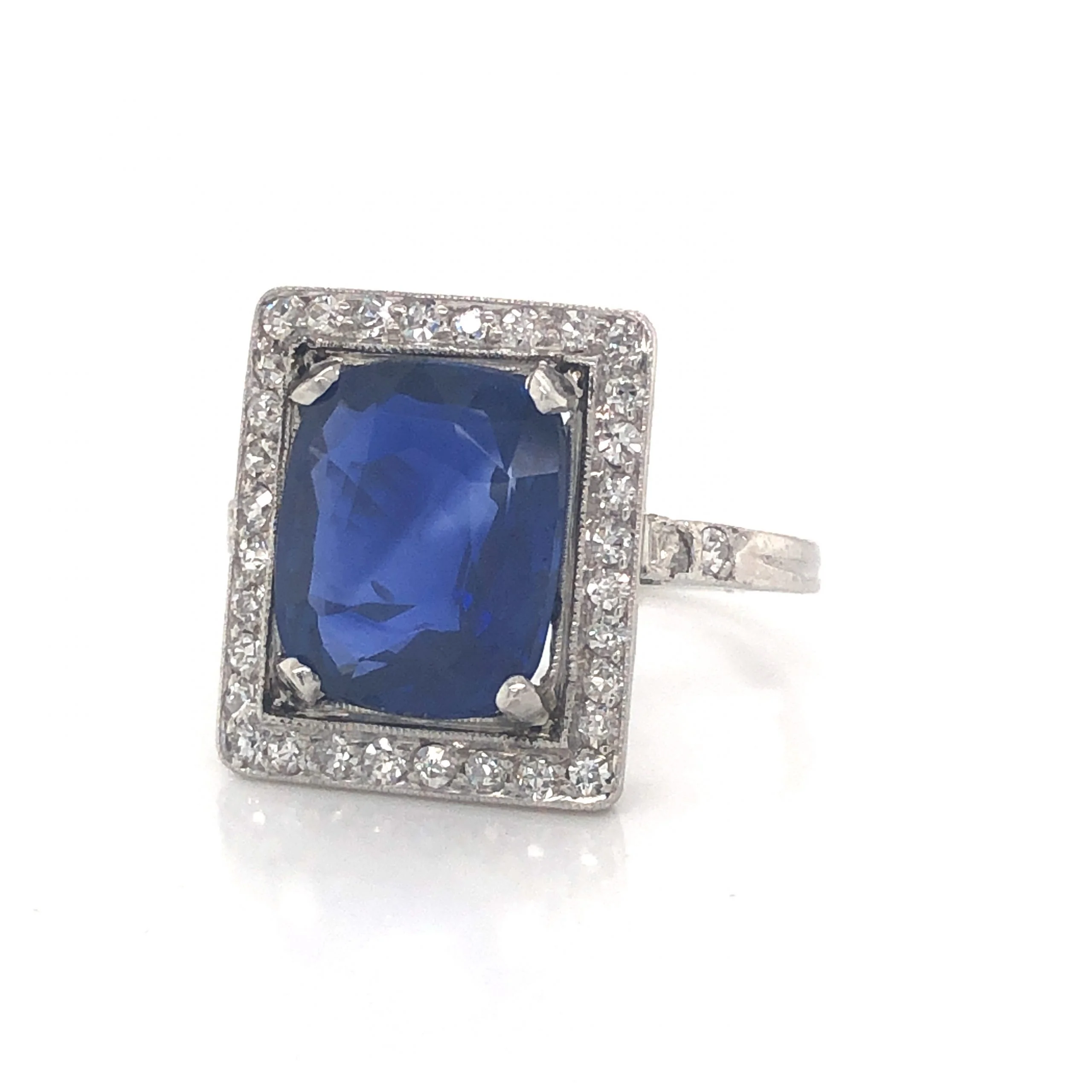 Art Deco Cushion Cut Sapphire & Diamond Cocktail Ring in Platinum - Image 2