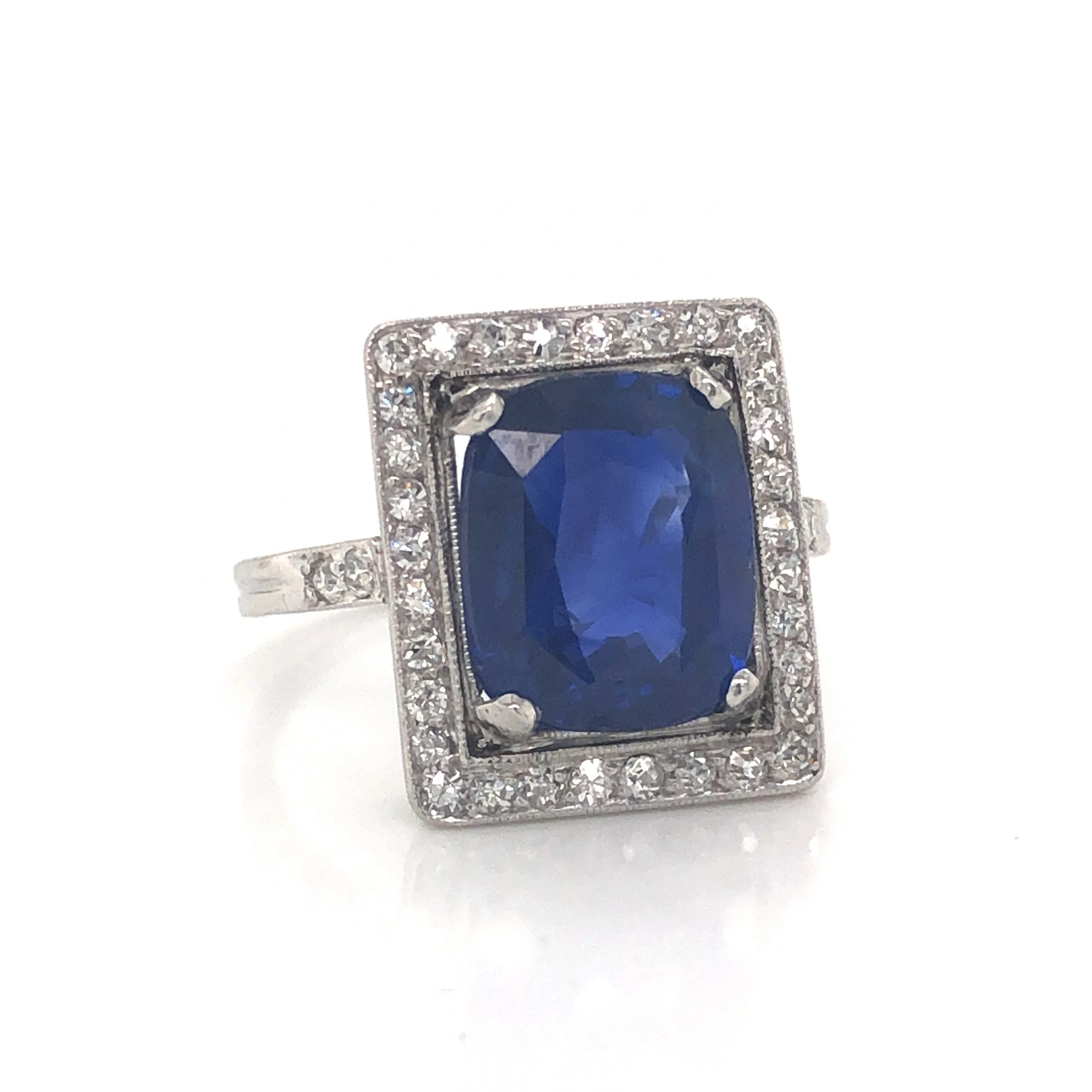 Art Deco Cushion Cut Sapphire & Diamond Cocktail Ring in Platinum - Image 3