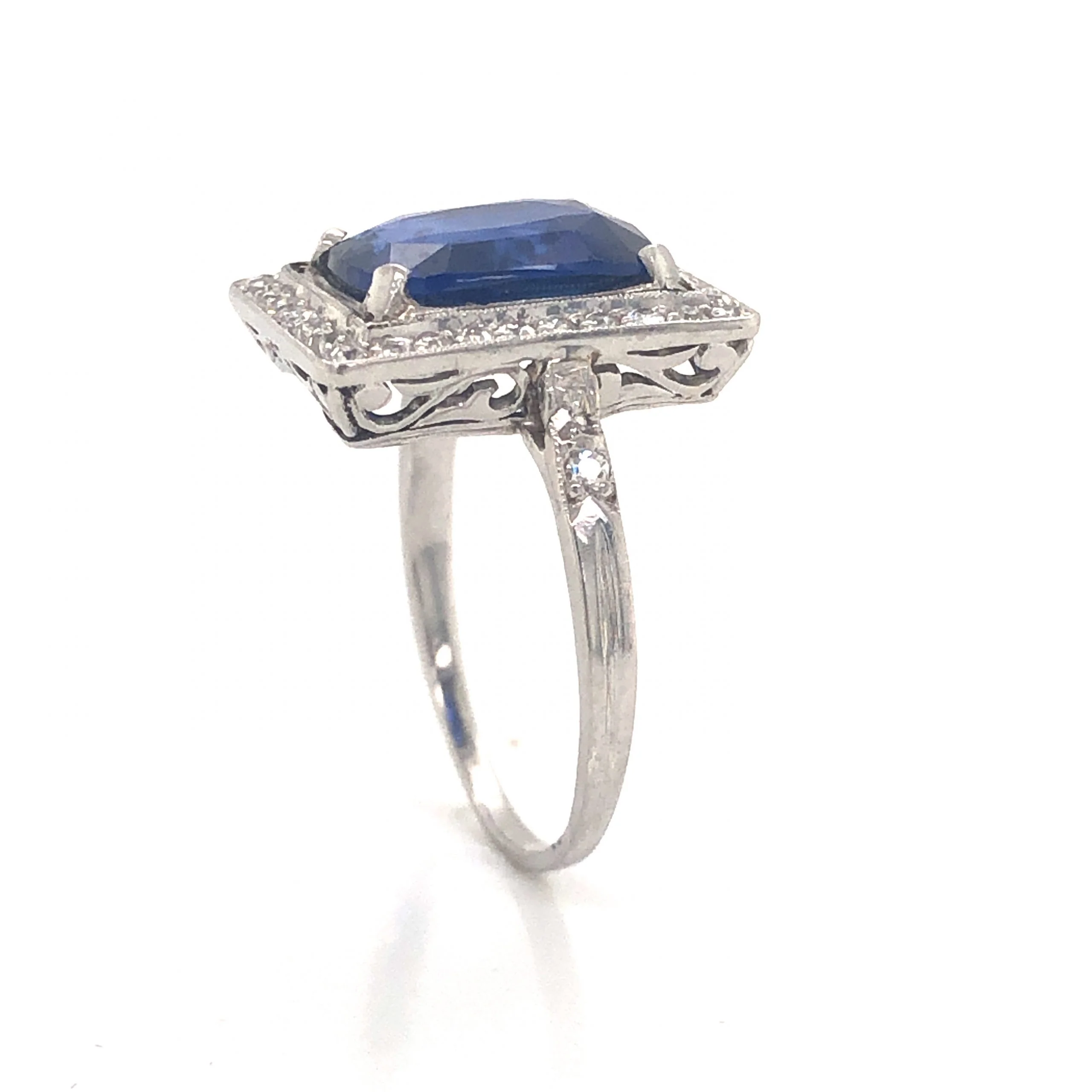Art Deco Cushion Cut Sapphire & Diamond Cocktail Ring in Platinum - Image 4