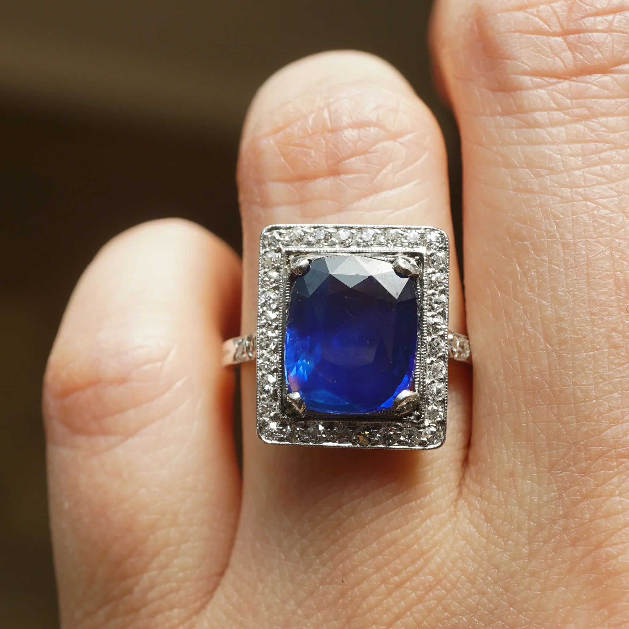 Art Deco Cushion Cut Sapphire & Diamond Cocktail Ring in Platinum - Image 5