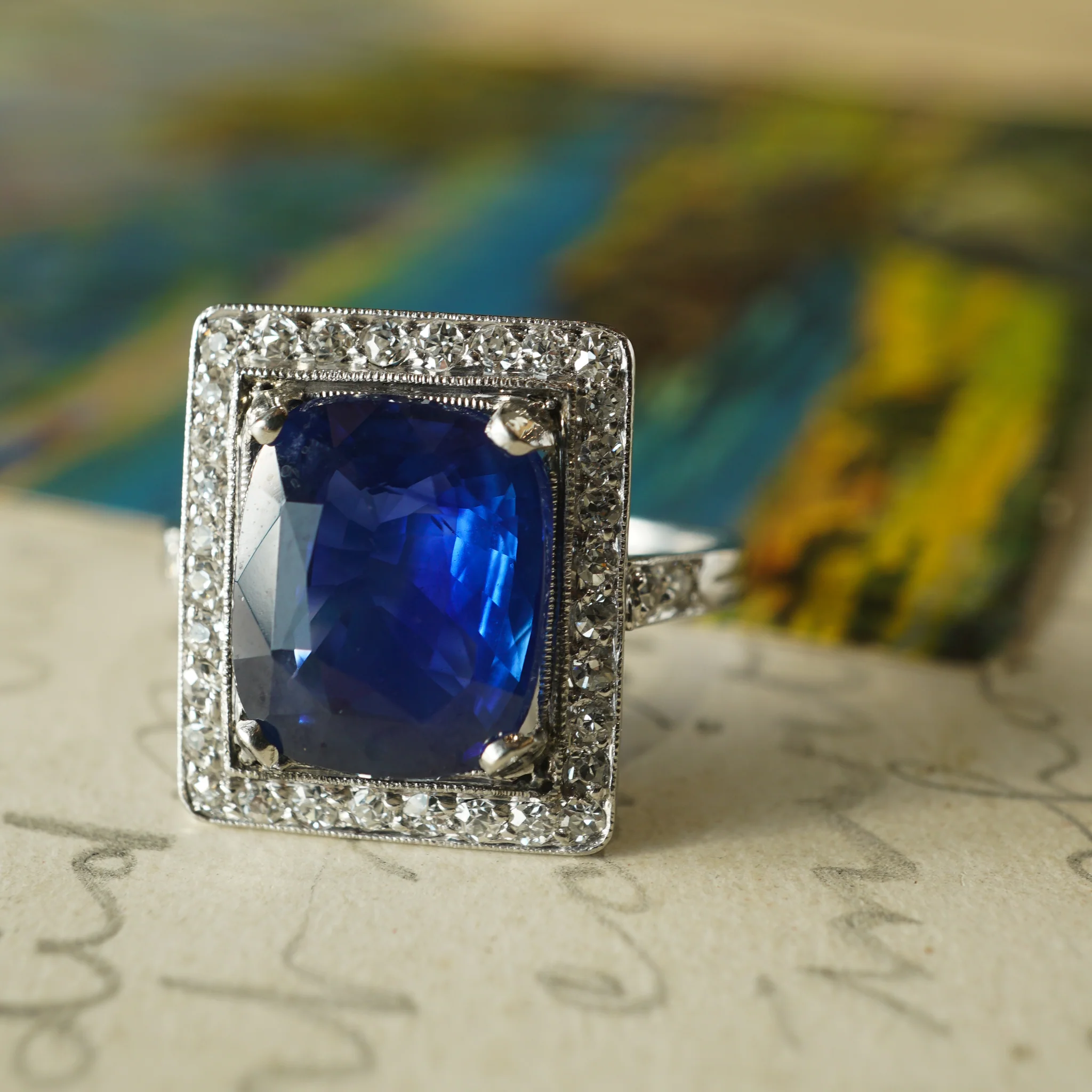 Art Deco Cushion Cut Sapphire & Diamond Cocktail Ring in Platinum - Image 6