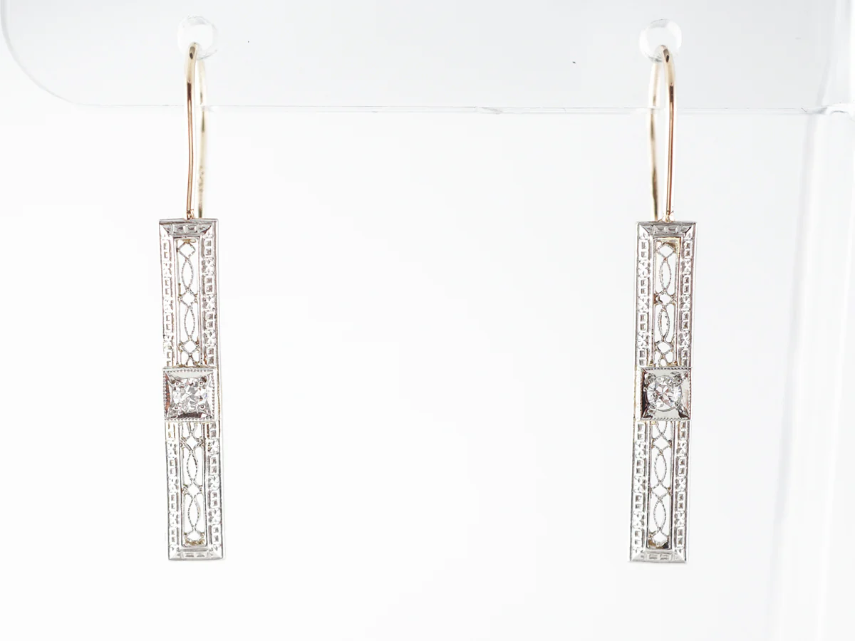 Art Deco Dangle Earrings w/ Diamonds in Yellow & White Gold