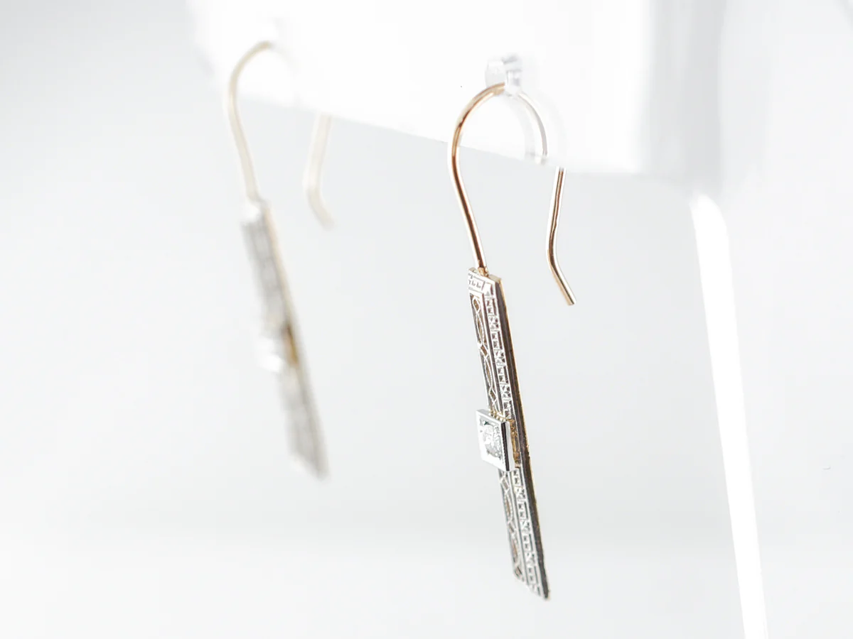 Art Deco Dangle Earrings w/ Diamonds in Yellow & White Gold - Image 2