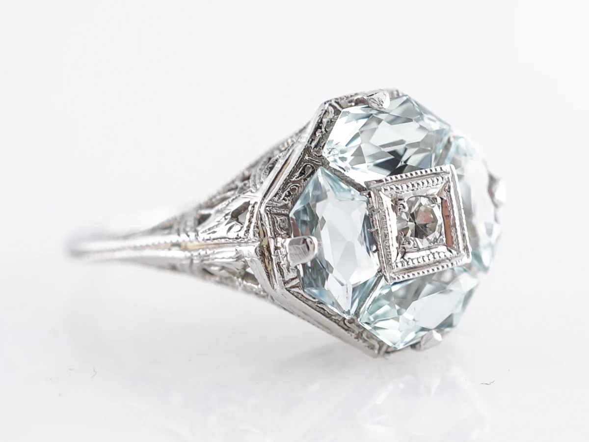 Art Deco Diamond & Aquamarine Cocktail Ring in 18k - Image 5