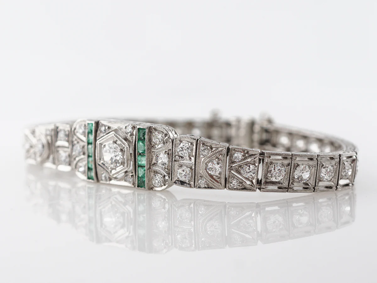 Art Deco Diamond Bracelet w/ Emerald Accents in Platinum - Image 2
