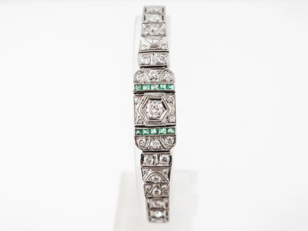 Art Deco Diamond Bracelet w/ Emerald Accents in Platinum - Image 3