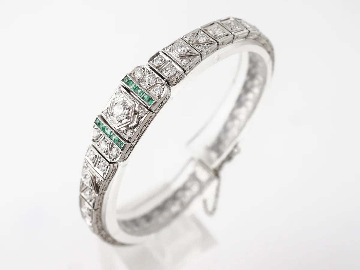 Art Deco Diamond Bracelet w/ Emerald Accents in Platinum - Image 4