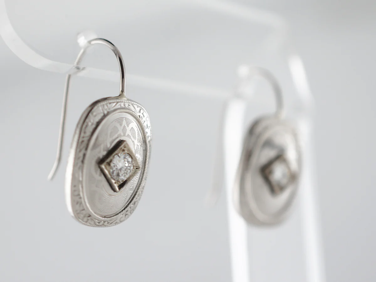 Art Deco Diamond Dangle Earrings in 14k White Gold - Image 2