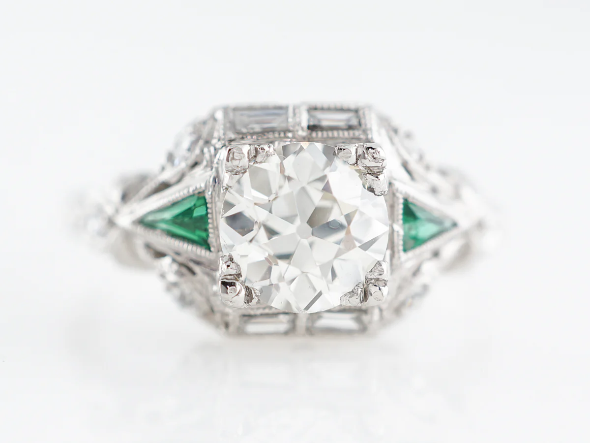 Art Deco Diamond & Emerald Engagement Ring in Platinum