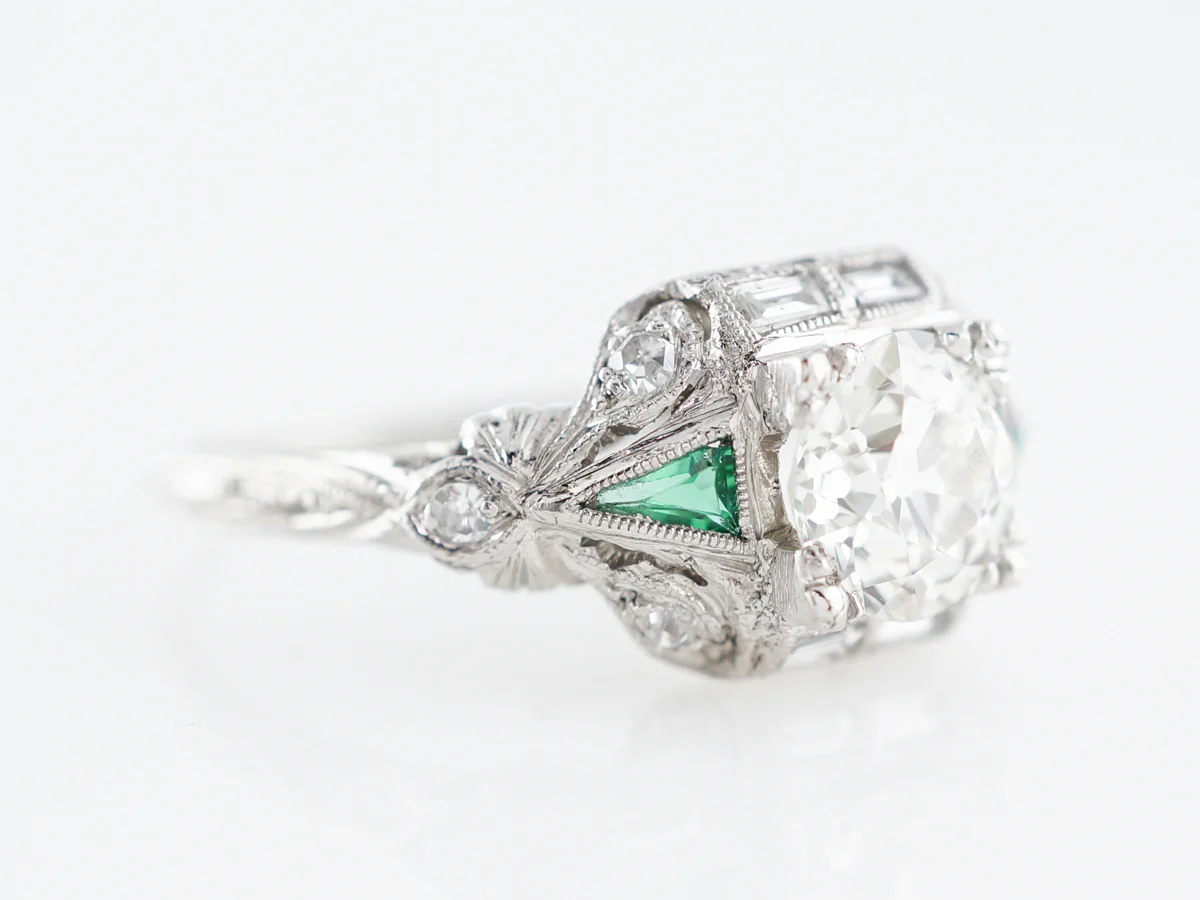 Art Deco Diamond & Emerald Engagement Ring in Platinum - Image 3