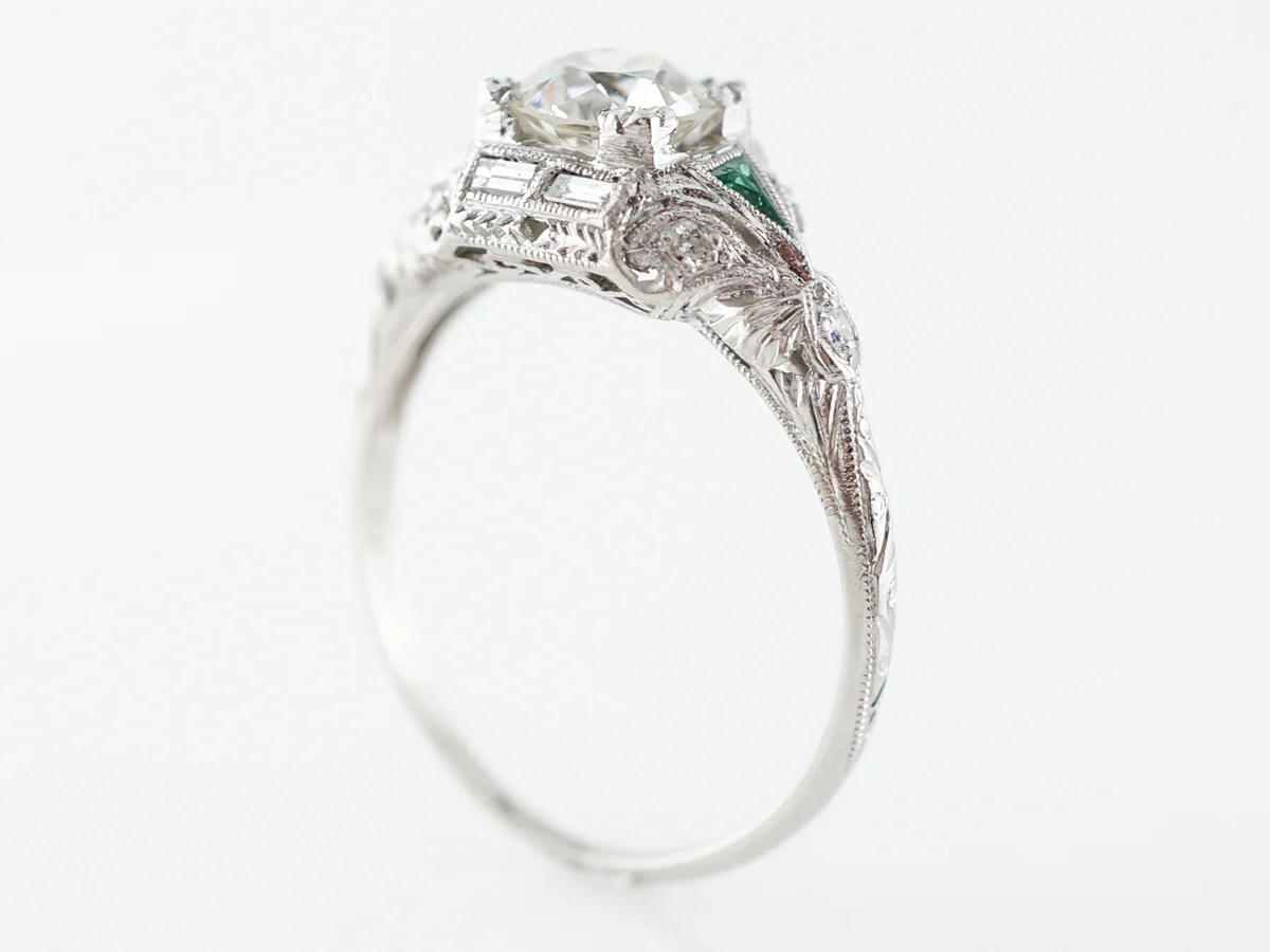 Art Deco Diamond & Emerald Engagement Ring in Platinum - Image 4