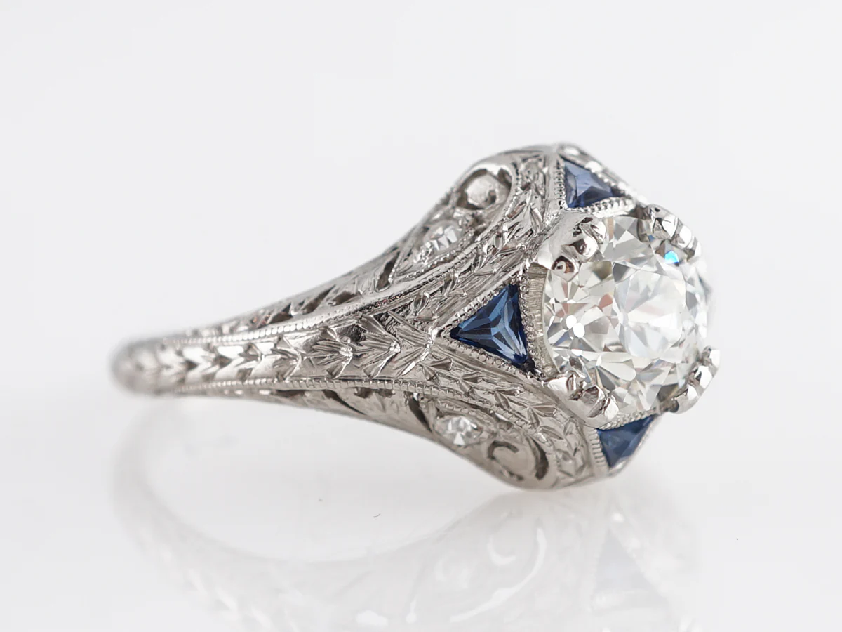 Art Deco Diamond Engagement Ring in Platinum w/ Sapphire Accents - Image 3