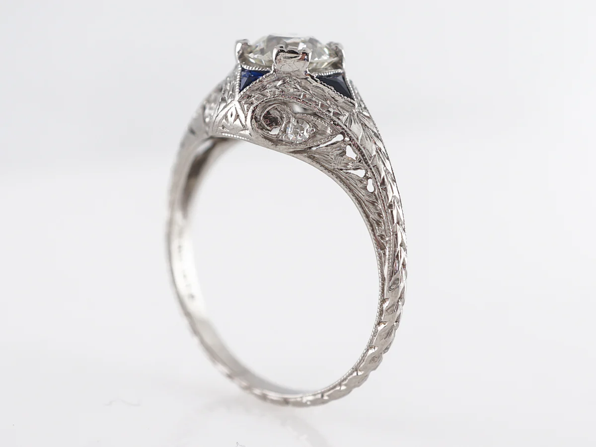 Art Deco Diamond Engagement Ring in Platinum w/ Sapphire Accents - Image 4