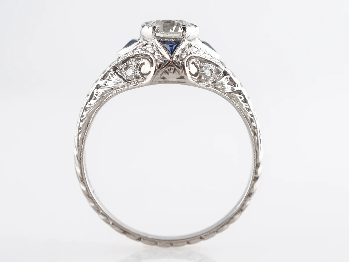 Art Deco Diamond Engagement Ring in Platinum w/ Sapphire Accents - Image 5