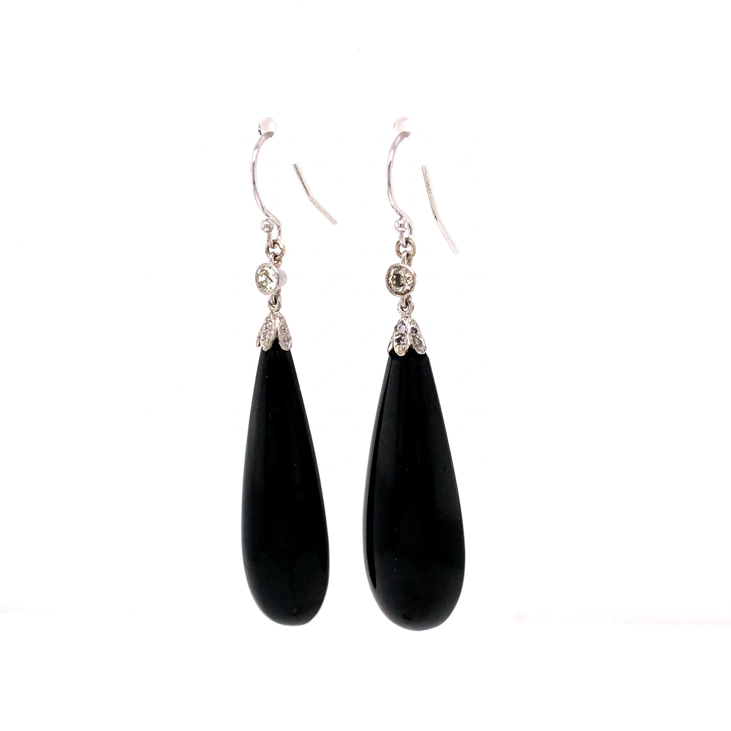 Art Deco Diamond & Onyx Drop Earrings in 14k White Gold - Image 2