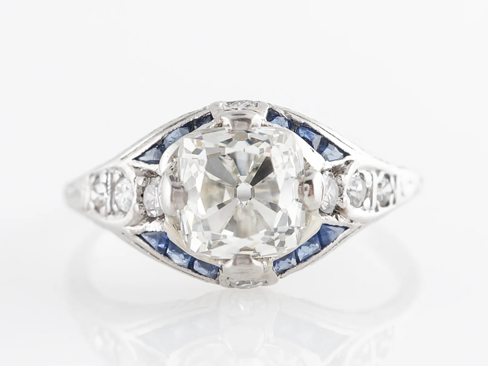 Art Deco Diamond w/ Sapphire Engagement Ring in Platinum