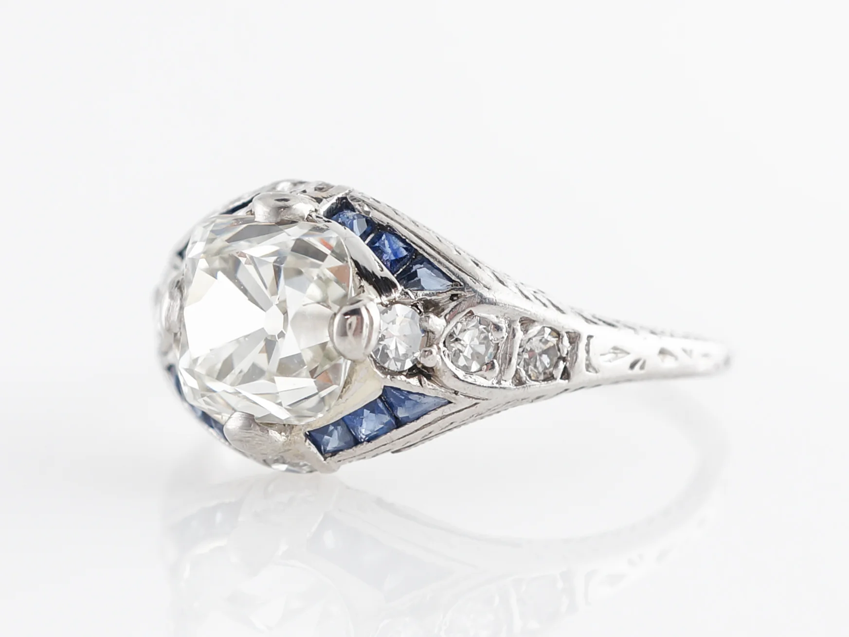 Art Deco Diamond w/ Sapphire Engagement Ring in Platinum - Image 2