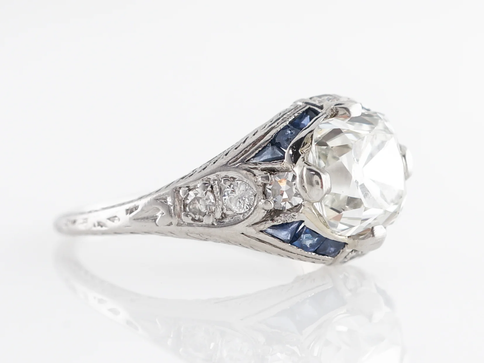Art Deco Diamond w/ Sapphire Engagement Ring in Platinum - Image 3