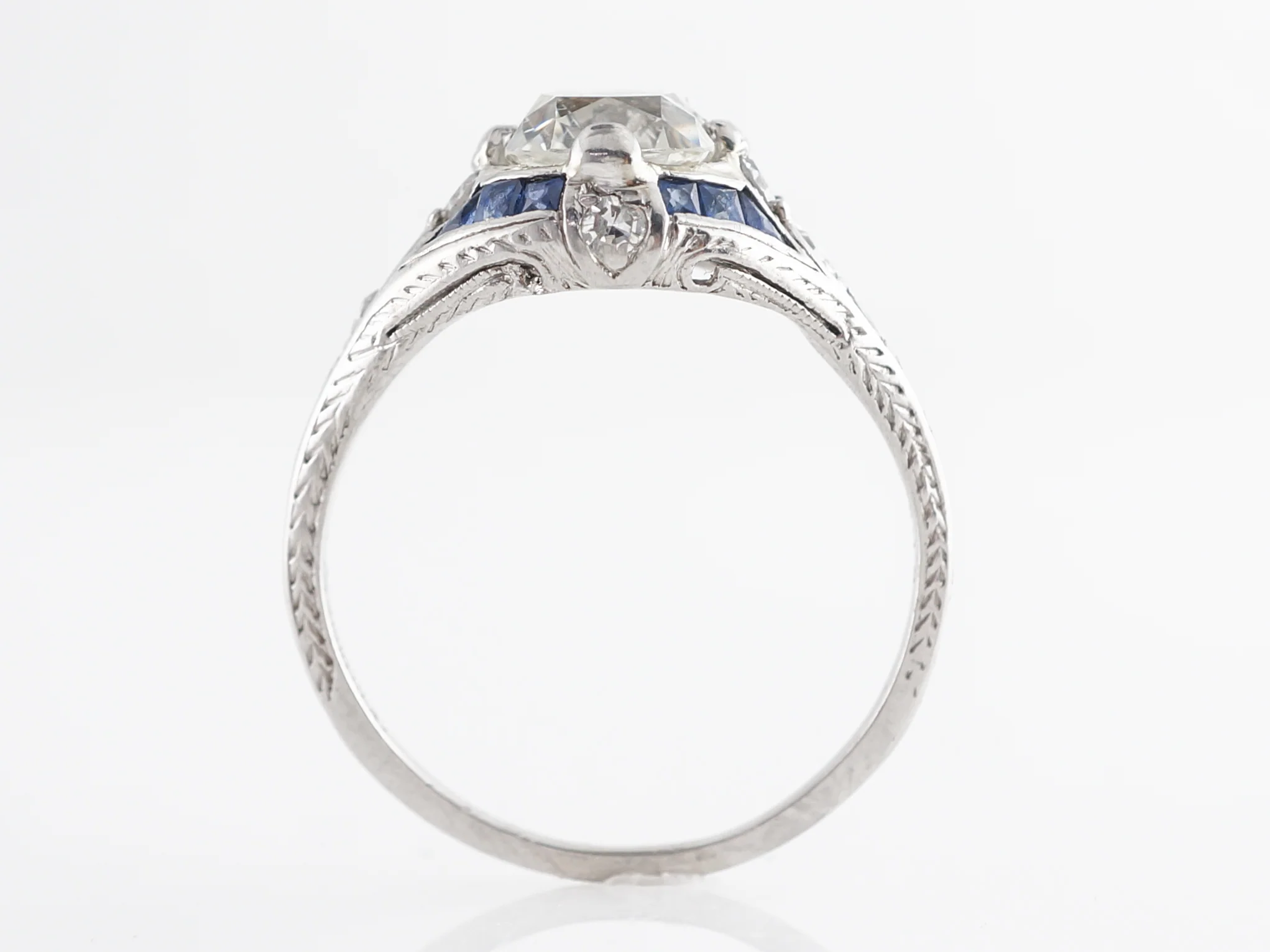 Art Deco Diamond w/ Sapphire Engagement Ring in Platinum - Image 4