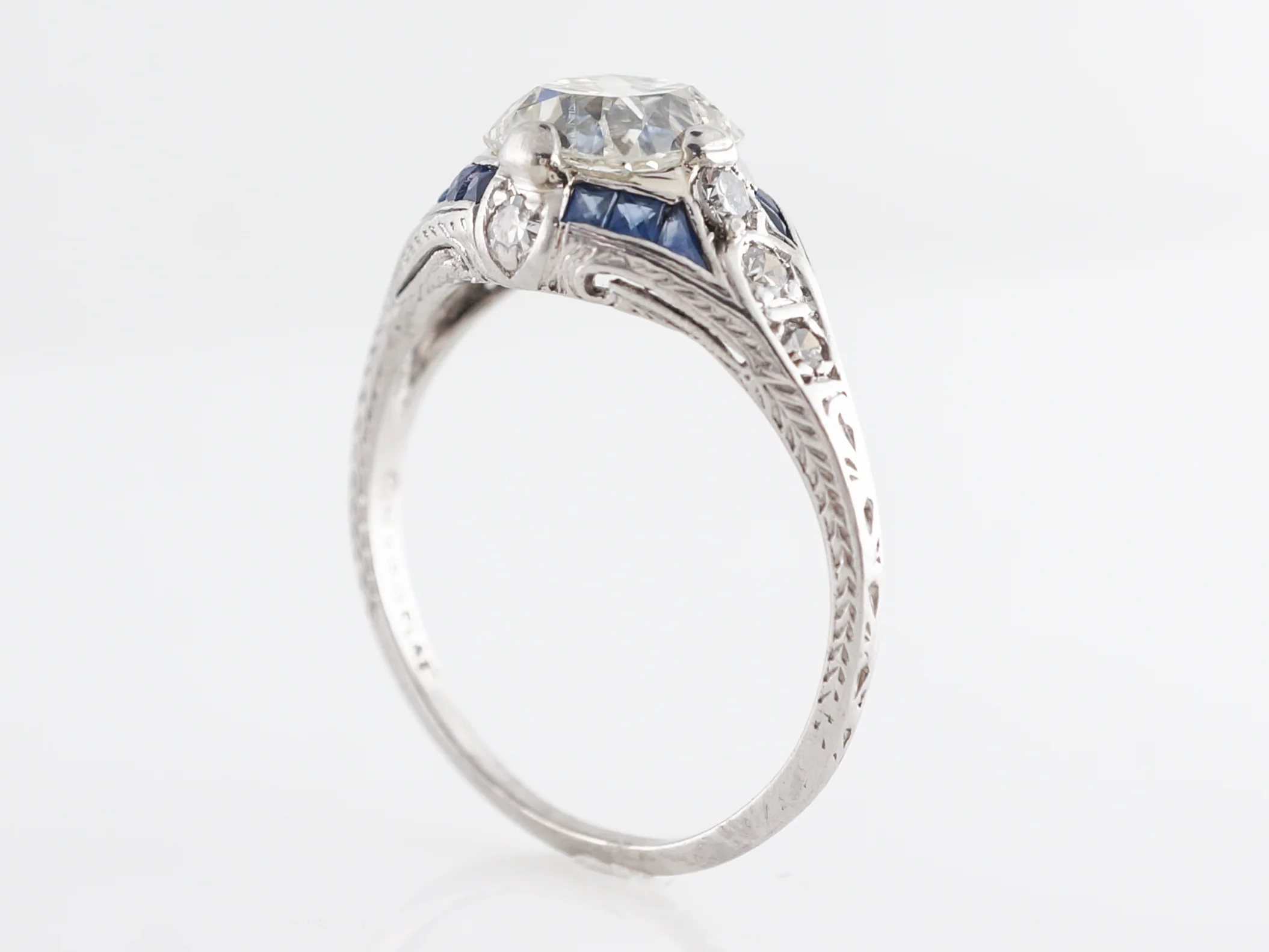 Art Deco Diamond w/ Sapphire Engagement Ring in Platinum - Image 5