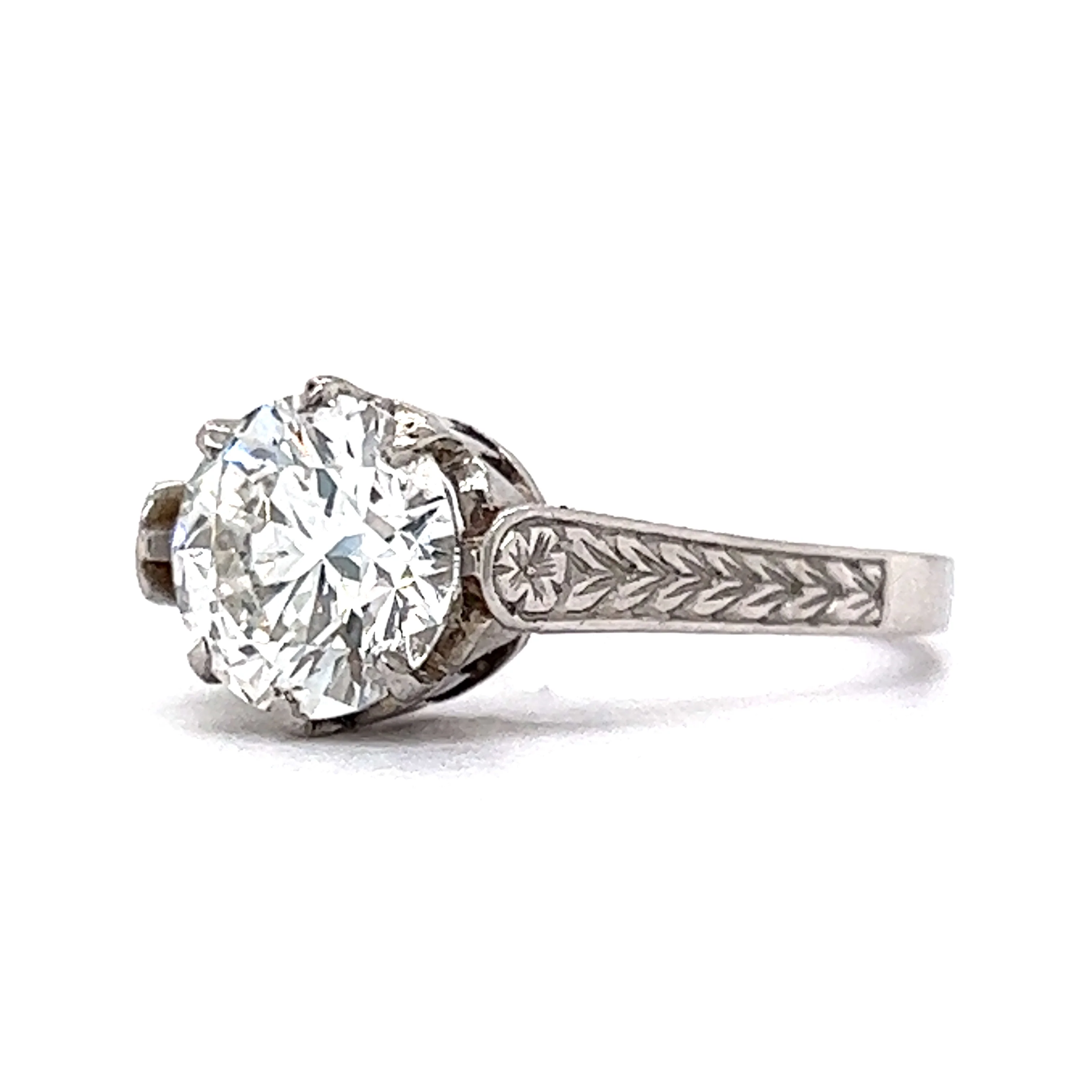 Art Deco Engraved Solitaire Diamond Engagement Ring in Platinum - Image 2