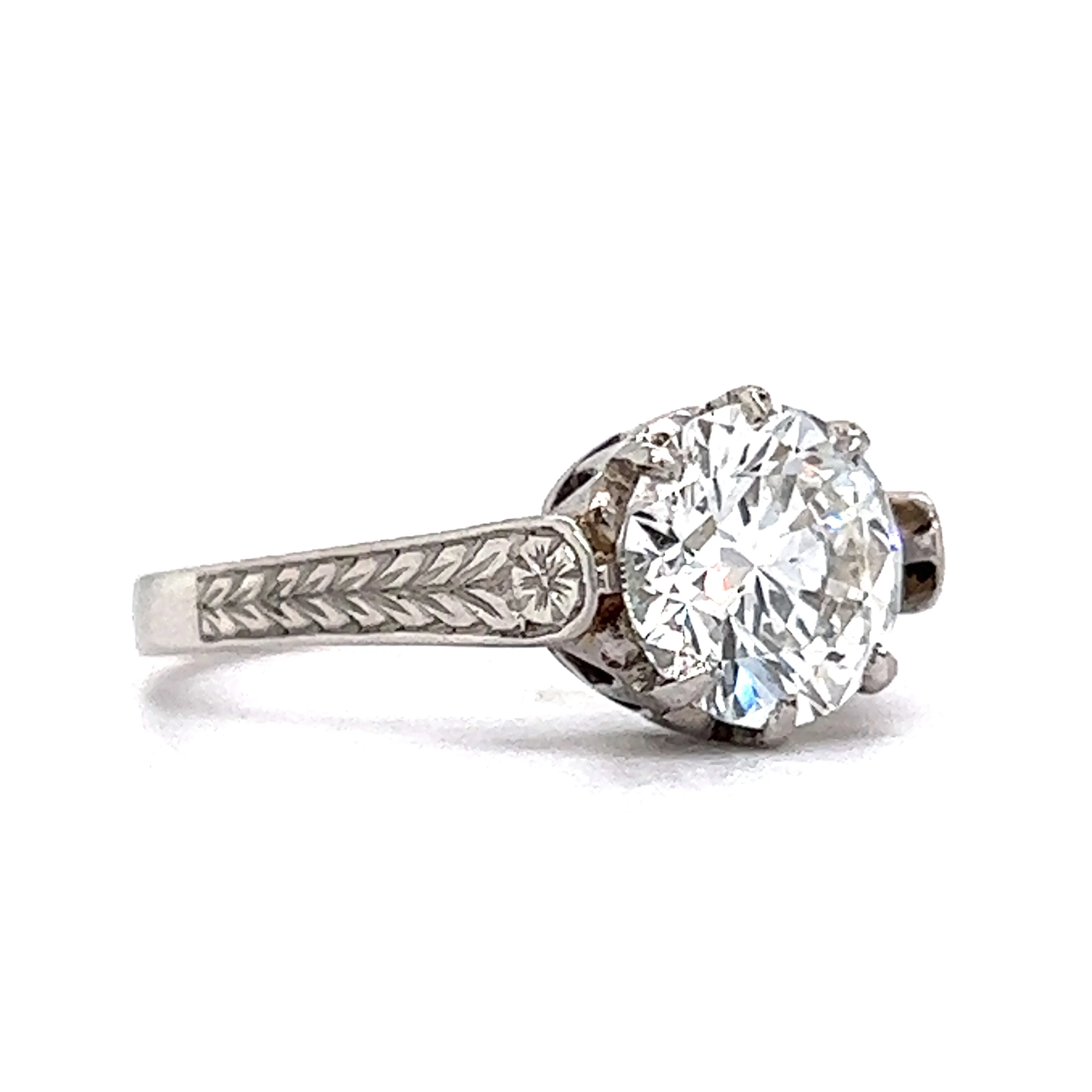 Art Deco Engraved Solitaire Diamond Engagement Ring in Platinum - Image 3