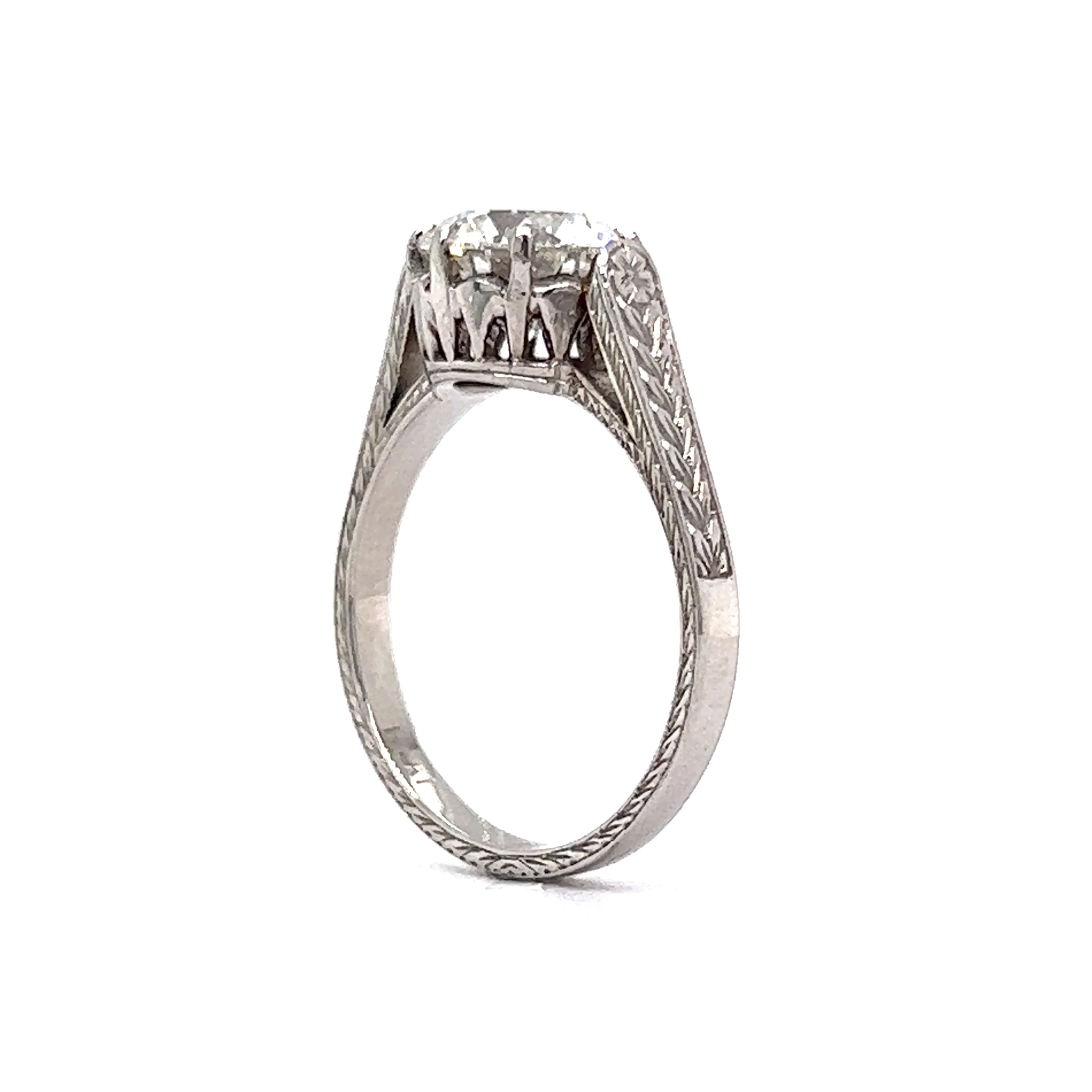 Art Deco Engraved Solitaire Diamond Engagement Ring in Platinum - Image 4