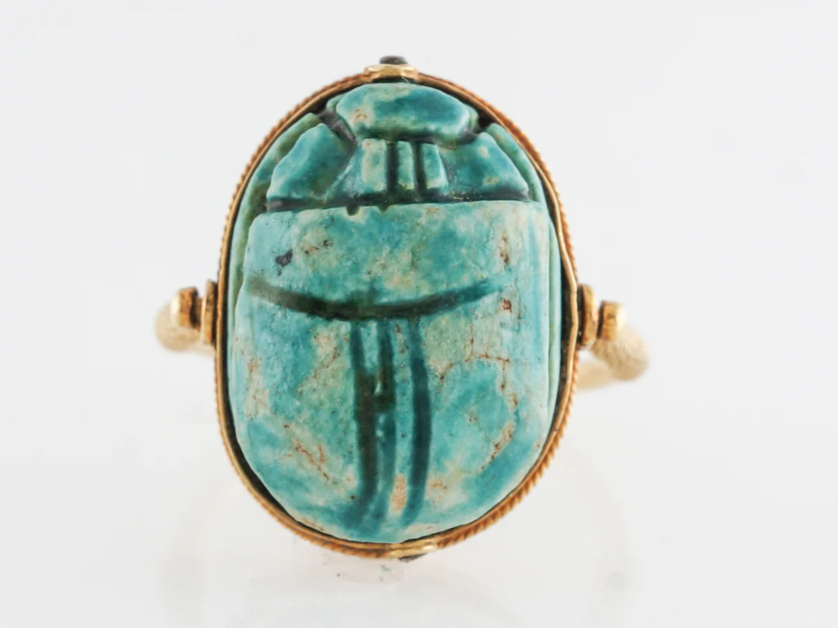 Art Deco Faience Cabochon Scarab in 14k Yellow Gold