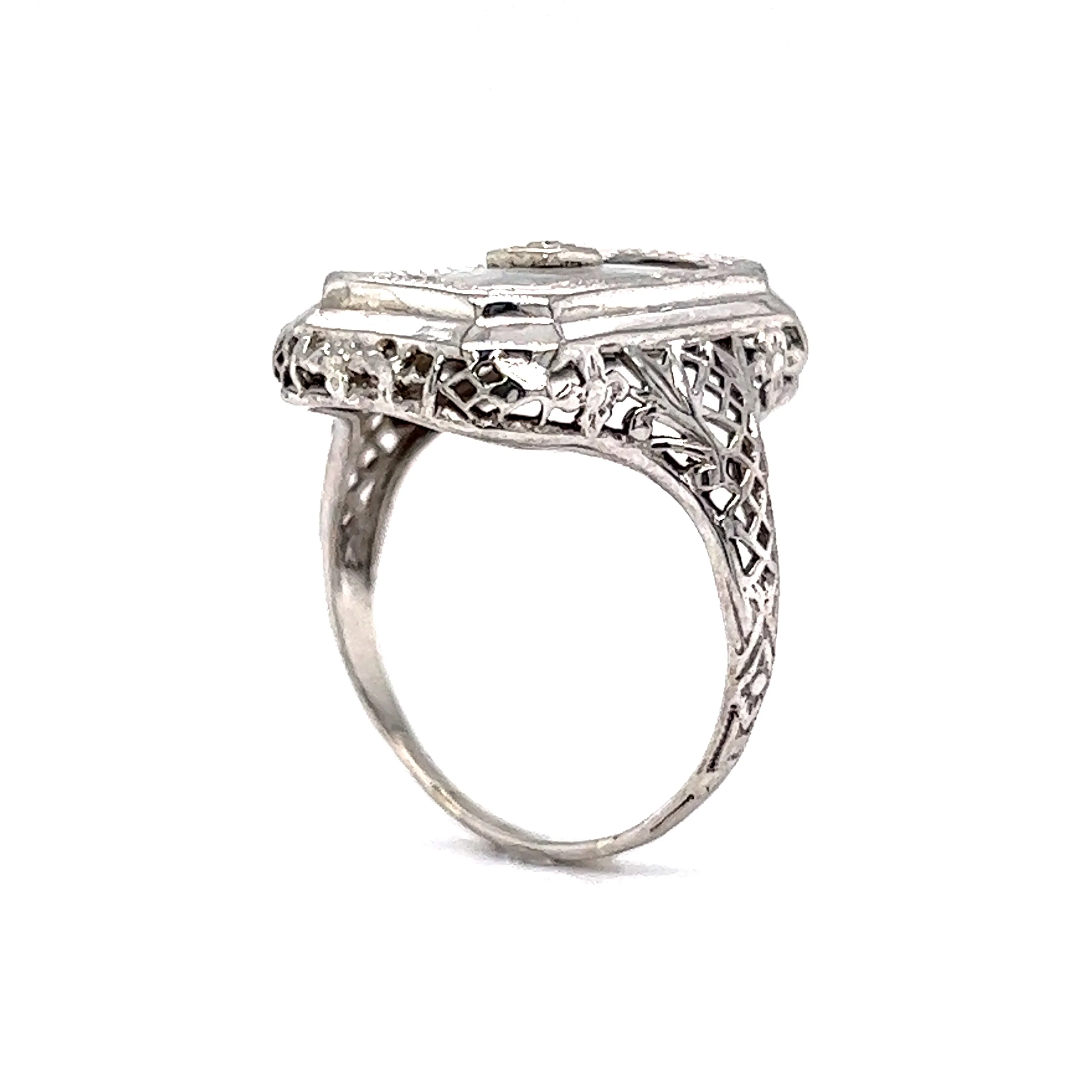 Art Deco Filigree Camphor Cocktail Ring in 14k White Gold - Image 5