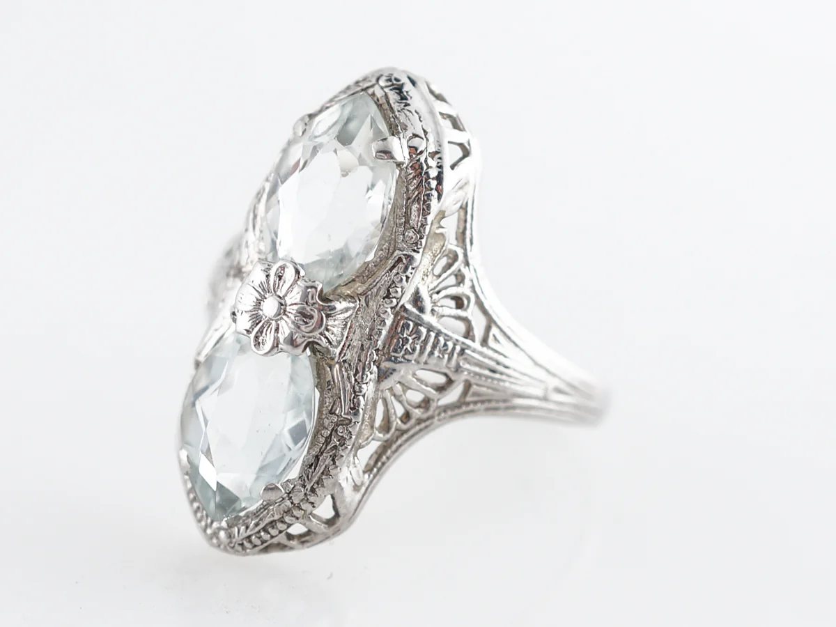 Art Deco Filigree Cocktail Ring w/ Marquis Aquamarine 14k - Image 2