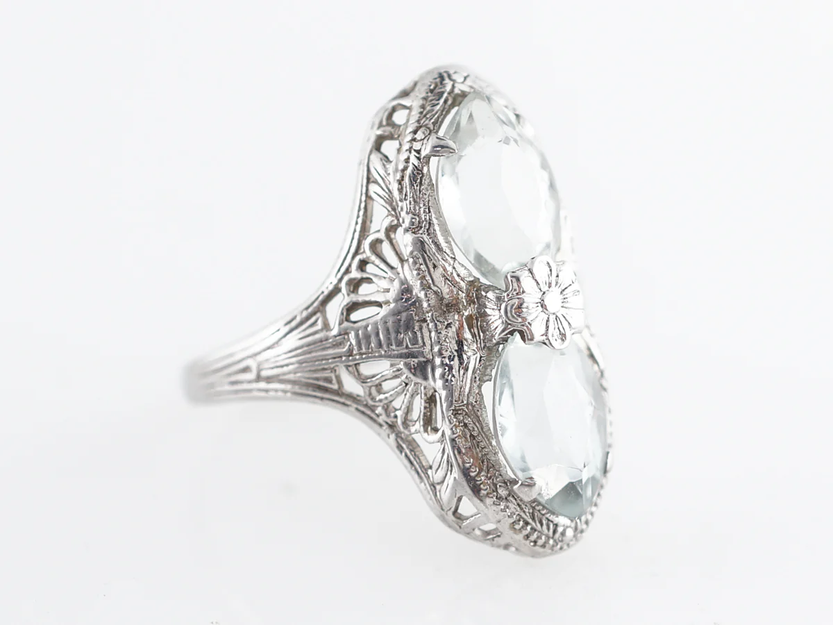 Art Deco Filigree Cocktail Ring w/ Marquis Aquamarine 14k - Image 3