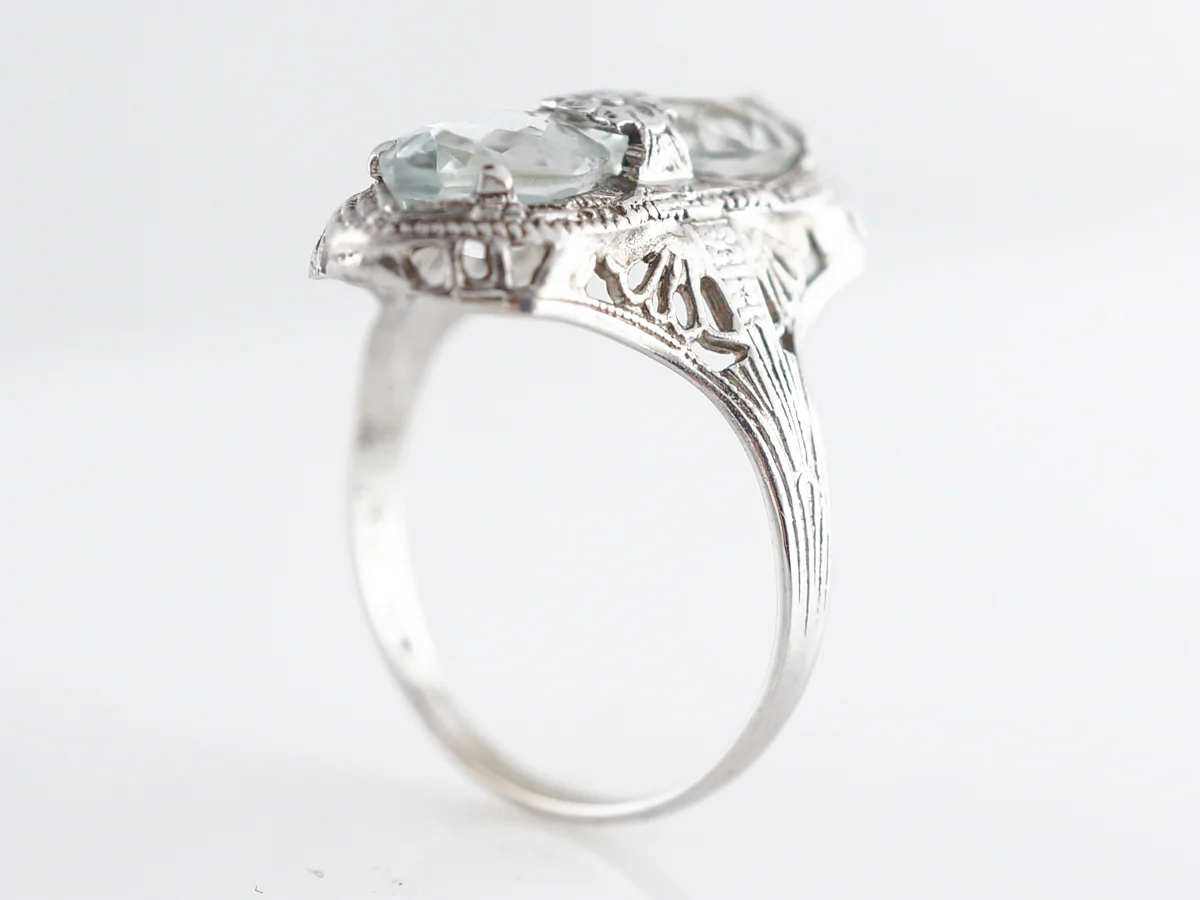 Art Deco Filigree Cocktail Ring w/ Marquis Aquamarine 14k - Image 4