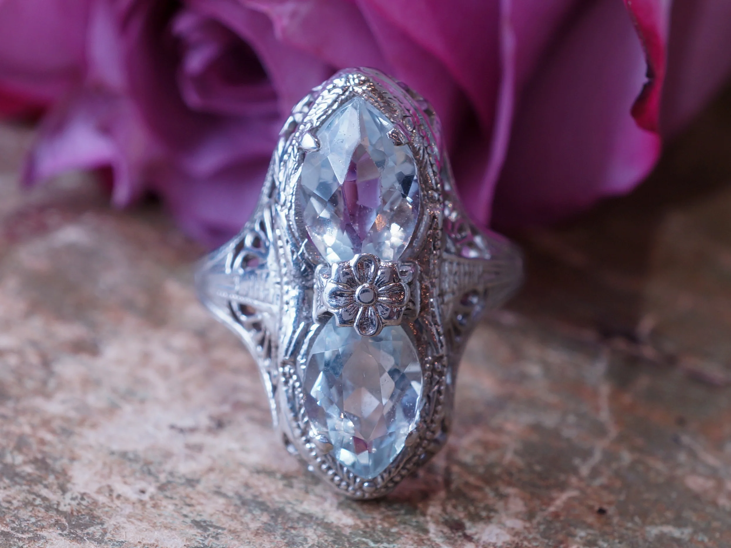 Art Deco Filigree Cocktail Ring w/ Marquis Aquamarine 14k - Image 5