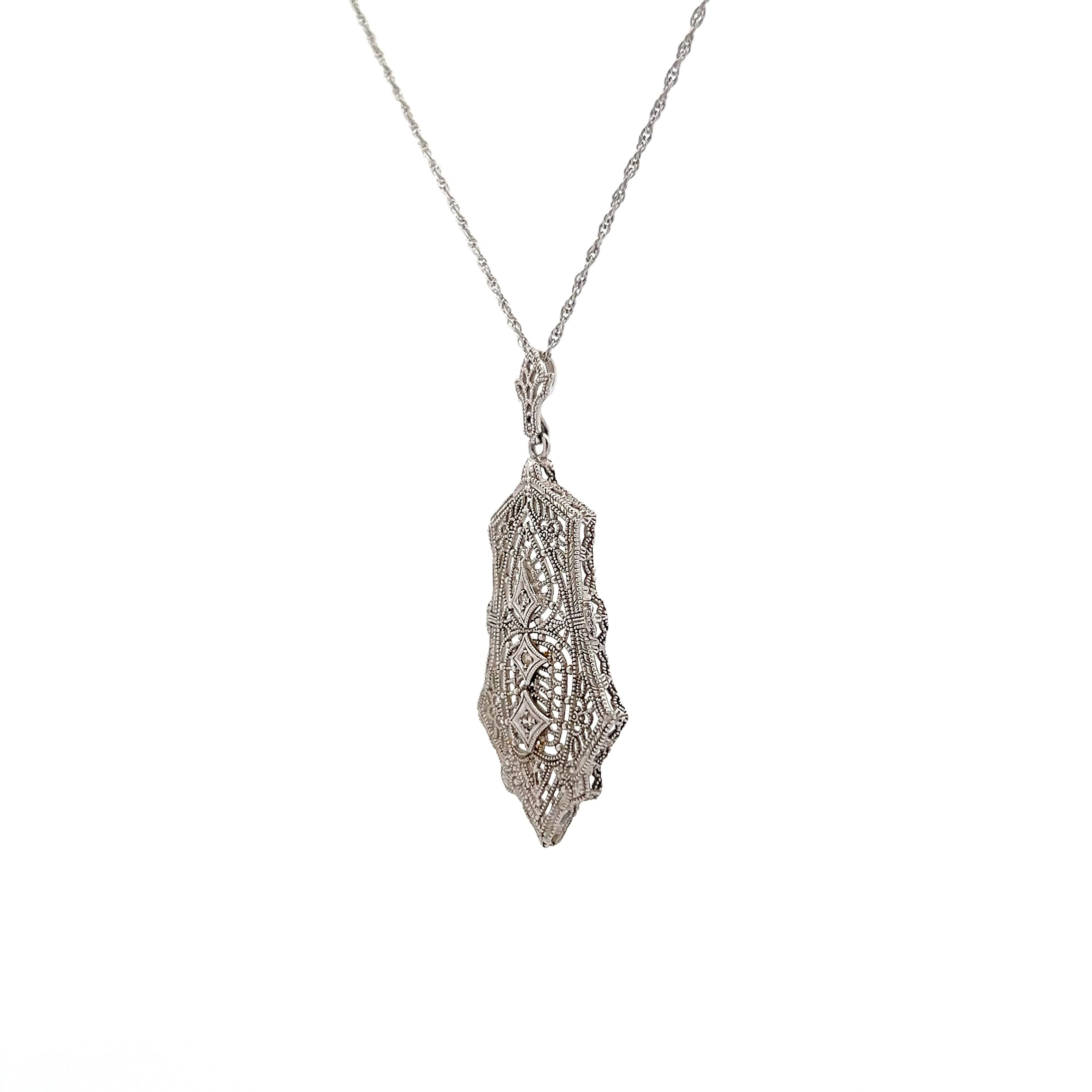 Art Deco Filigree Diamond Pendant in 14k White Gold - Image 2