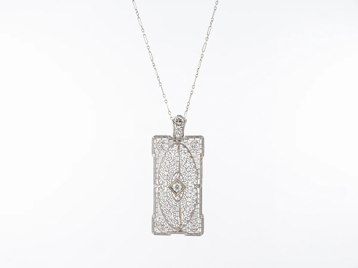 Art Deco Filigree Necklace w/ Old European Diamond
