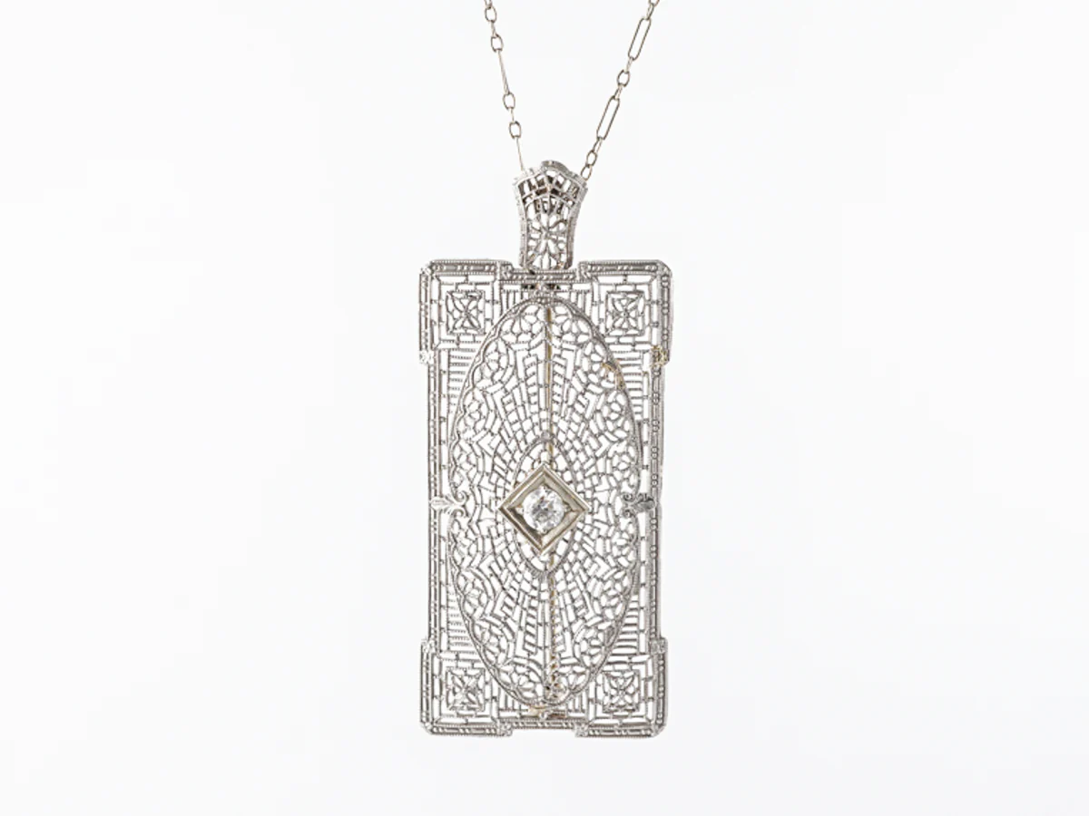 Art Deco Filigree Necklace w/ Old European Diamond - Image 2