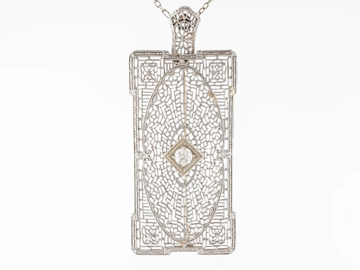 Art Deco Filigree Necklace w/ Old European Diamond - Image 3