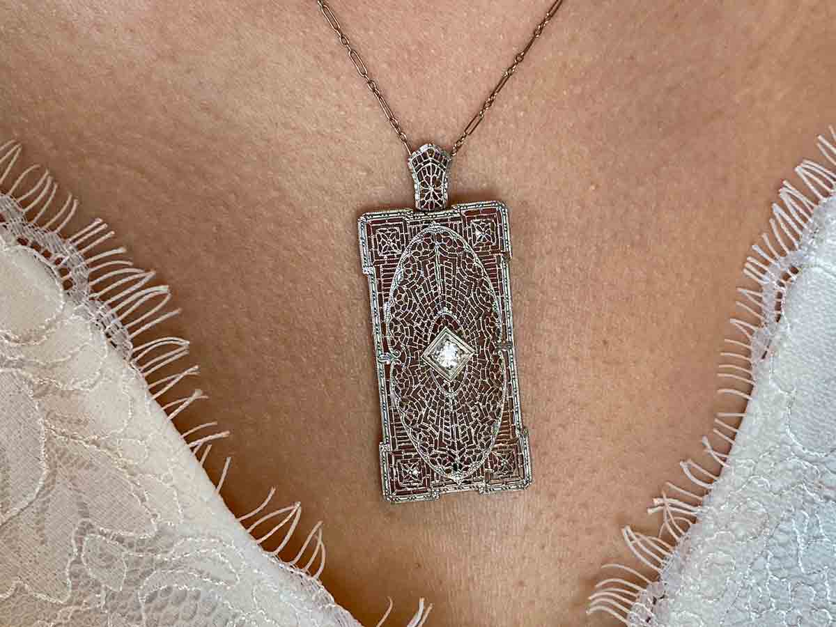 Art Deco Filigree Necklace w/ Old European Diamond - Image 4