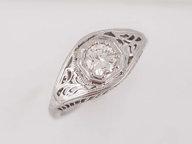 Art Deco Filigree Old Euro Diamond Engagement Ring in 18K - Image 4