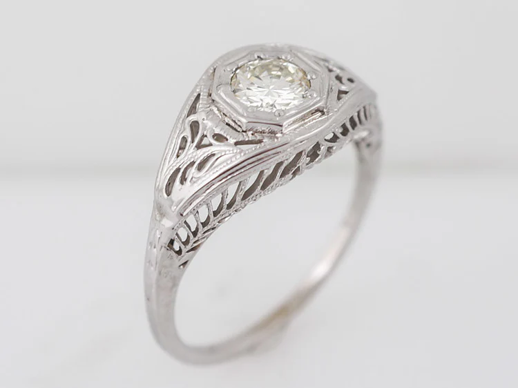 Art Deco Filigree Old Euro Diamond Engagement Ring in 18K - Image 5