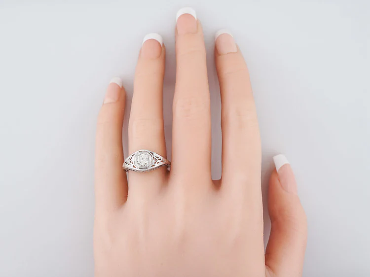 Art Deco Filigree Old Euro Diamond Engagement Ring in 18K - Image 8