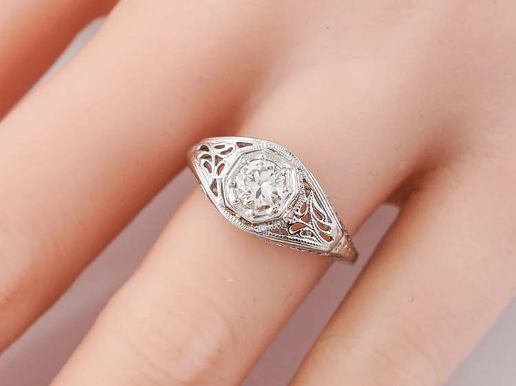 Art Deco Filigree Old Euro Diamond Engagement Ring in 18K - Image 9