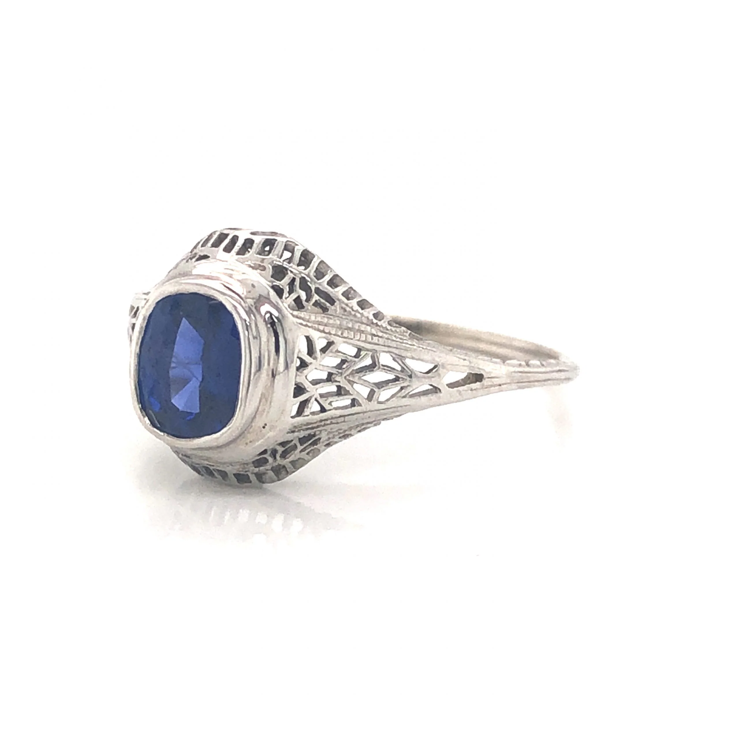 Art Deco Filigree Sapphire Engagement Ring in 14k & Platinum - Image 2
