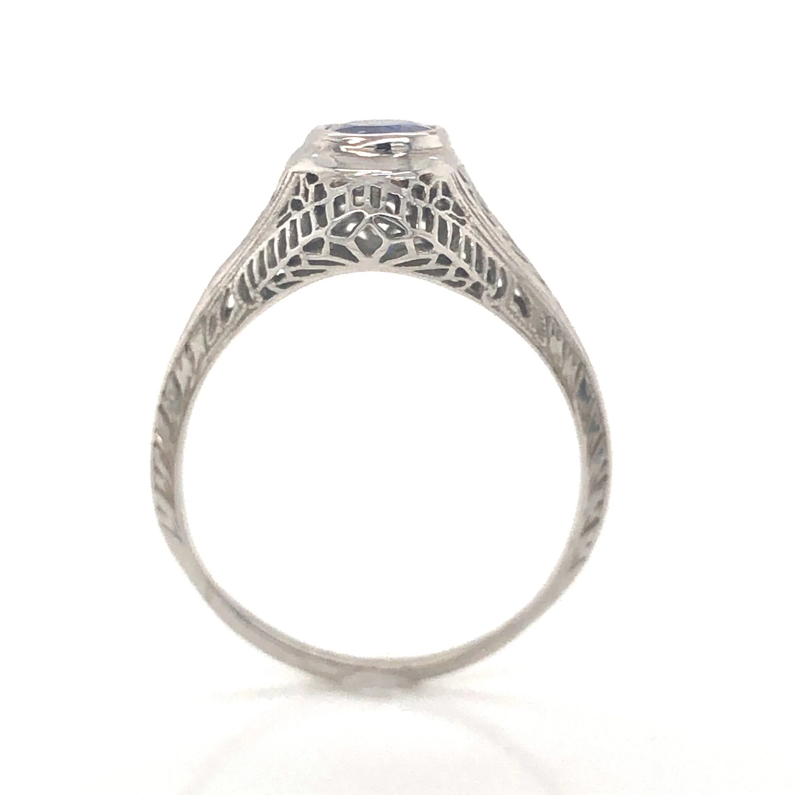 Art Deco Filigree Sapphire Engagement Ring in 14k & Platinum - Image 4